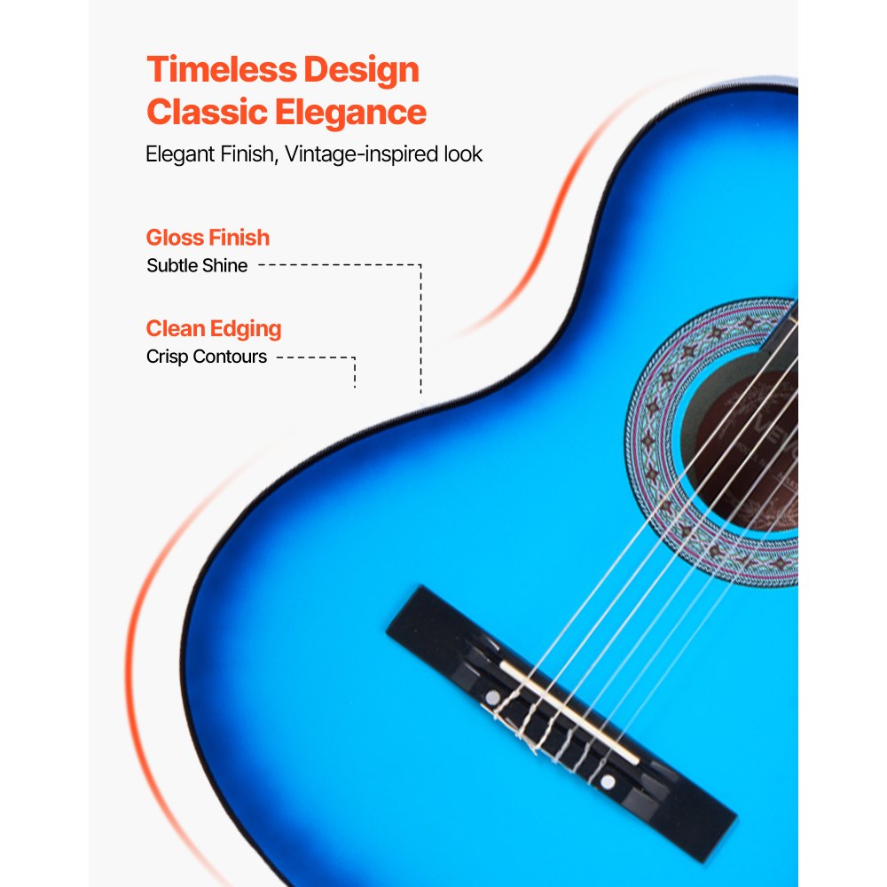 VEVOR Classical Guitar, 38 Inch, Wood Classical Guitar Starter Kit for Beginners, with Nylon Strings, Gig Bag, Strap, Tuner, Extra Strings, Picks, Capo, Basswood, for Teenagers Adults Students, Blue