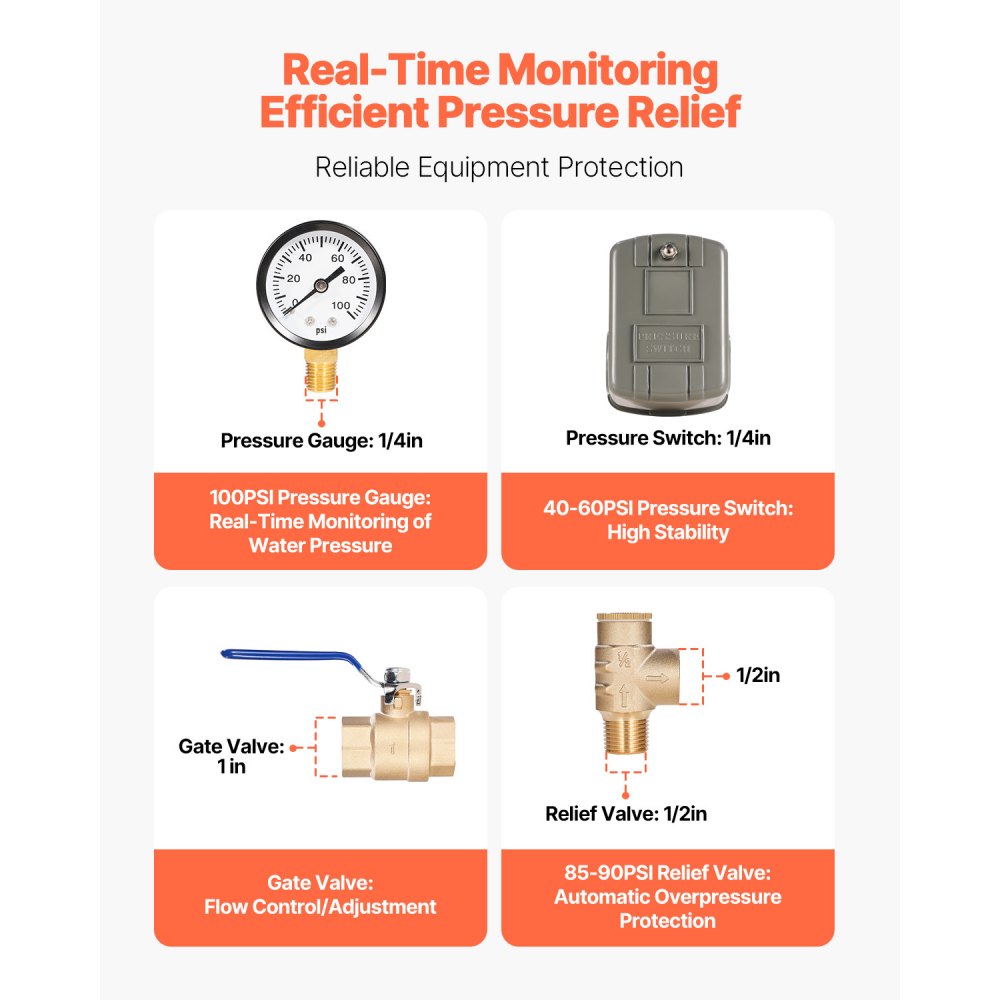 VEVOR 1" x 11" Well Pressure Tank Tee Kit, with 40/60PSI Switch, 8-Pieces Pure Brass Pressure Tank Installation Kit for Water Well, 1 in Gate Valve Included, Fit Most tanks with Diameter up to 16 in