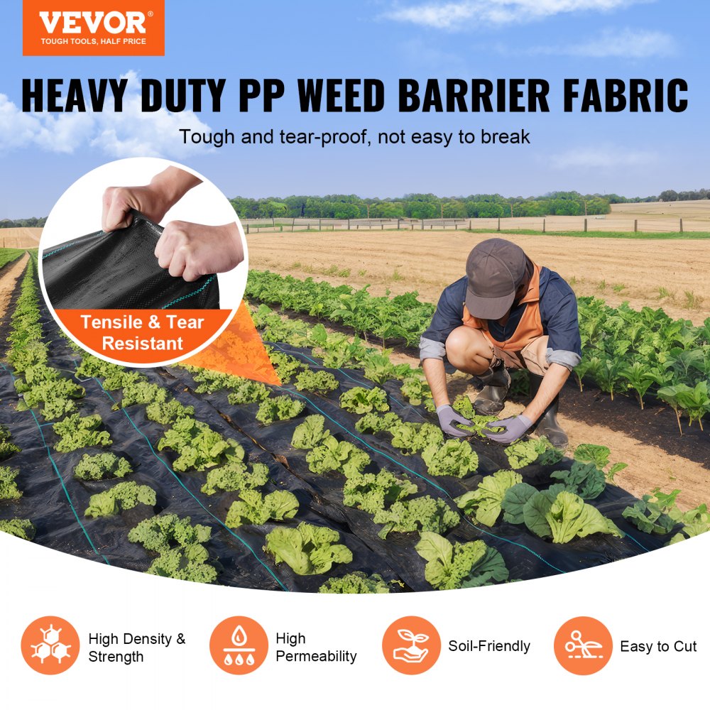 VEVOR Weed Barrier Landscape Fabric, 4*50FT Heavy Duty Garden Weed Fabric, Woven PP Weed Control Fabric, Driveway Fabric, Geotextile Fabric for Landscaping, Ground Cover, Weed Blocker Weed Mat, Black