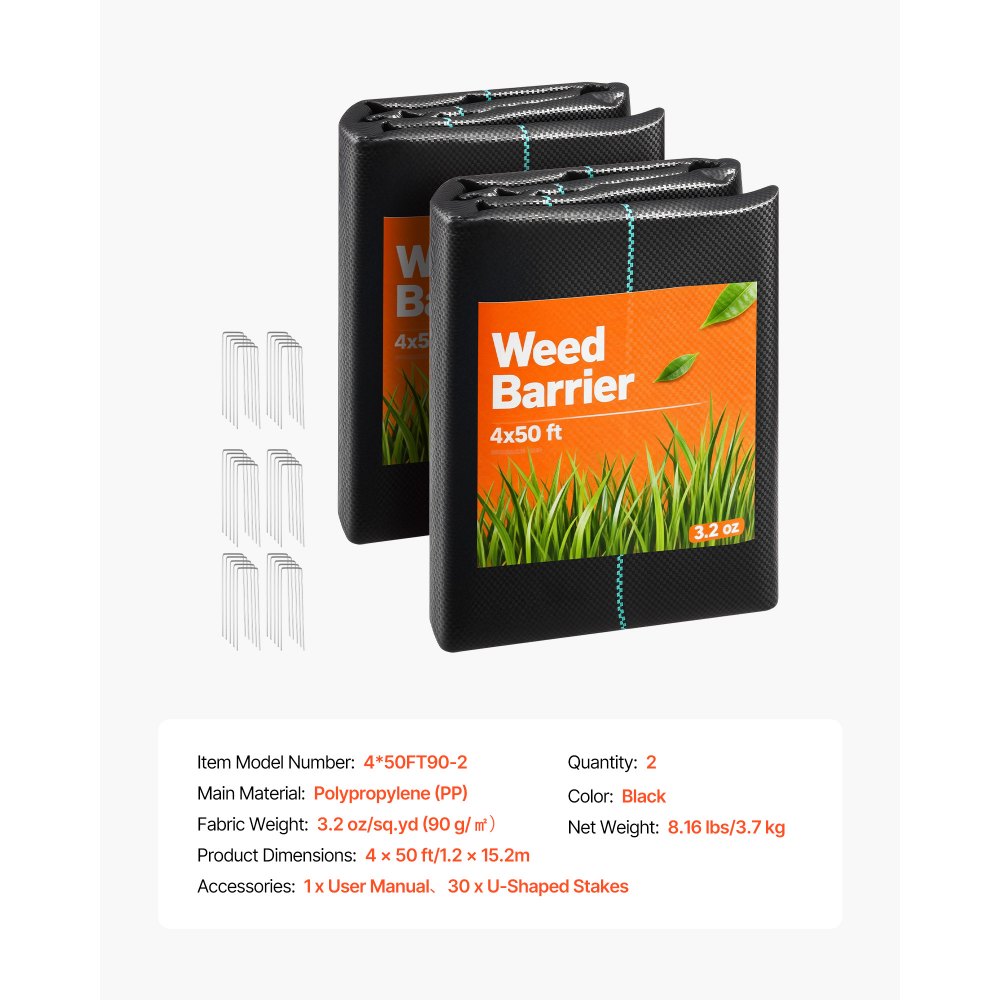 VEVOR Weed Barrier Fabric Heavy Duty, 2 Packs 4x50FT 3.2oz Weed Blocker Fabric, Woven Landscape Fabrics, Garden Fabrics Weeds Barrier, Weeds Control Ground Cover, Geotextile Webbing, Black