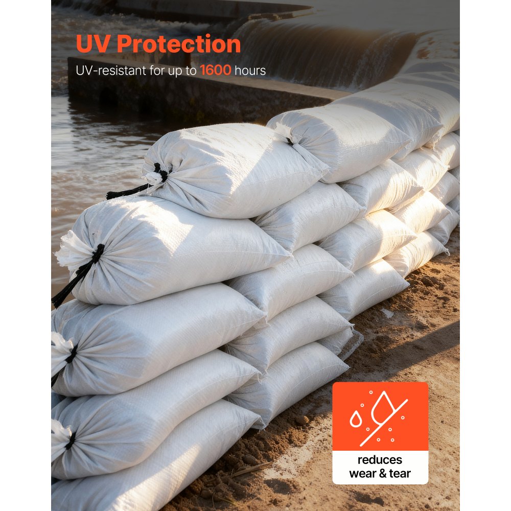 VEVOR Empty Sandbags, 300 Packs 16 x 26 in, Heavy Duty Sand Bags Sacks with Ties, 50lb Capacity Woven Polypropylene Sandbags, Tear-Resistant & UV-Resistant Sand Bags for Flood Protection Barrier