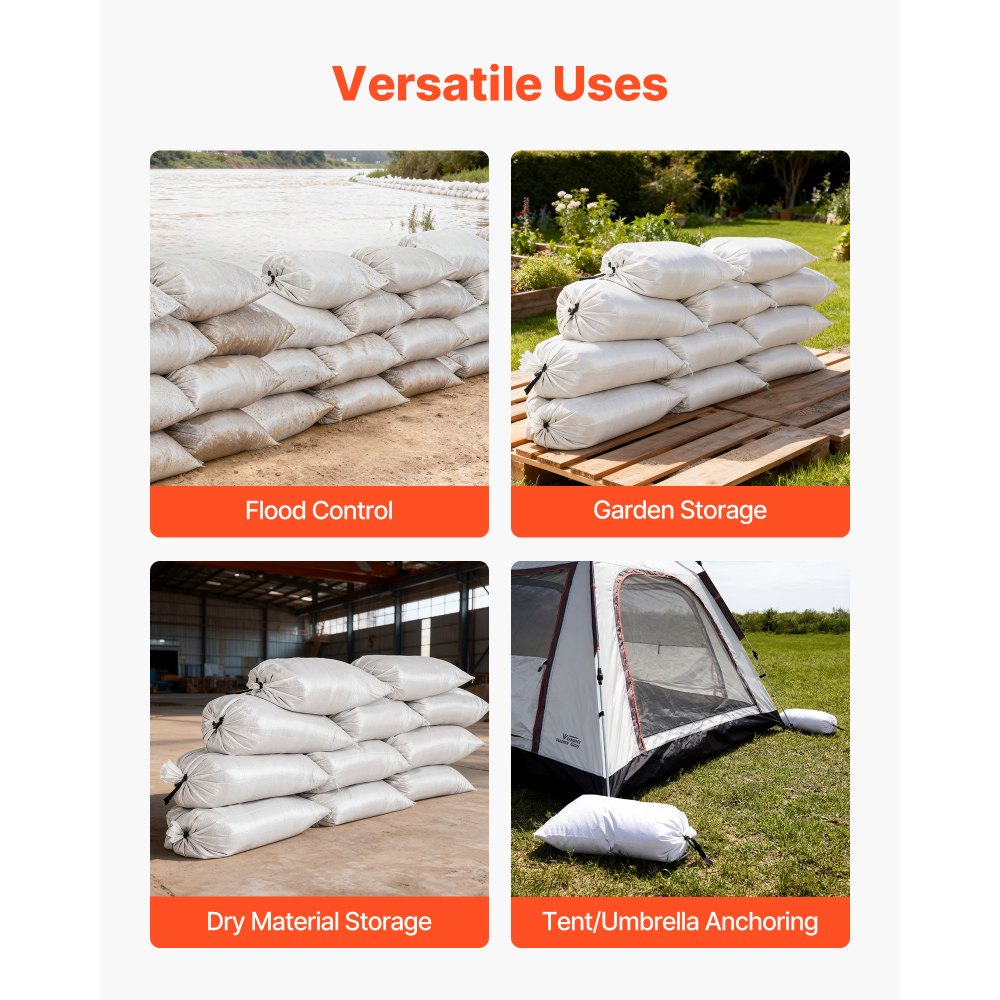 VEVOR Empty Sandbags, 300 Packs 16 x 26 in, Heavy Duty Sand Bags Sacks with Ties, 50lb Capacity Woven Polypropylene Sandbags, Tear-Resistant & UV-Resistant Sand Bags for Flood Protection Barrier