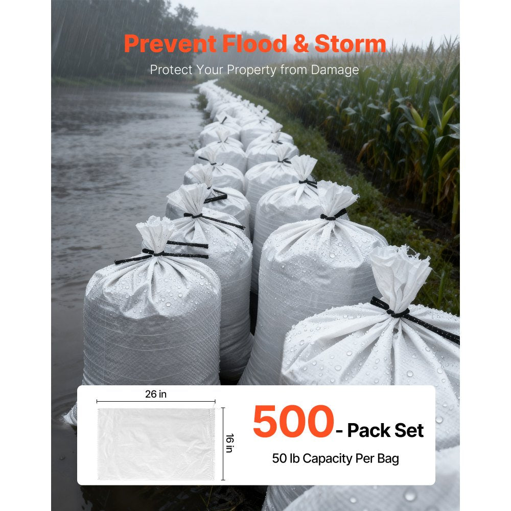 VEVOR Empty Sandbags, 500 Packs 16 x 26 in, Heavy Duty Sand Bags Sacks with Ties, 50lb Capacity Woven Polypropylene Sandbags, Tear-Resistant & UV-Resistant Sand Bags for Flood Protection Barrier