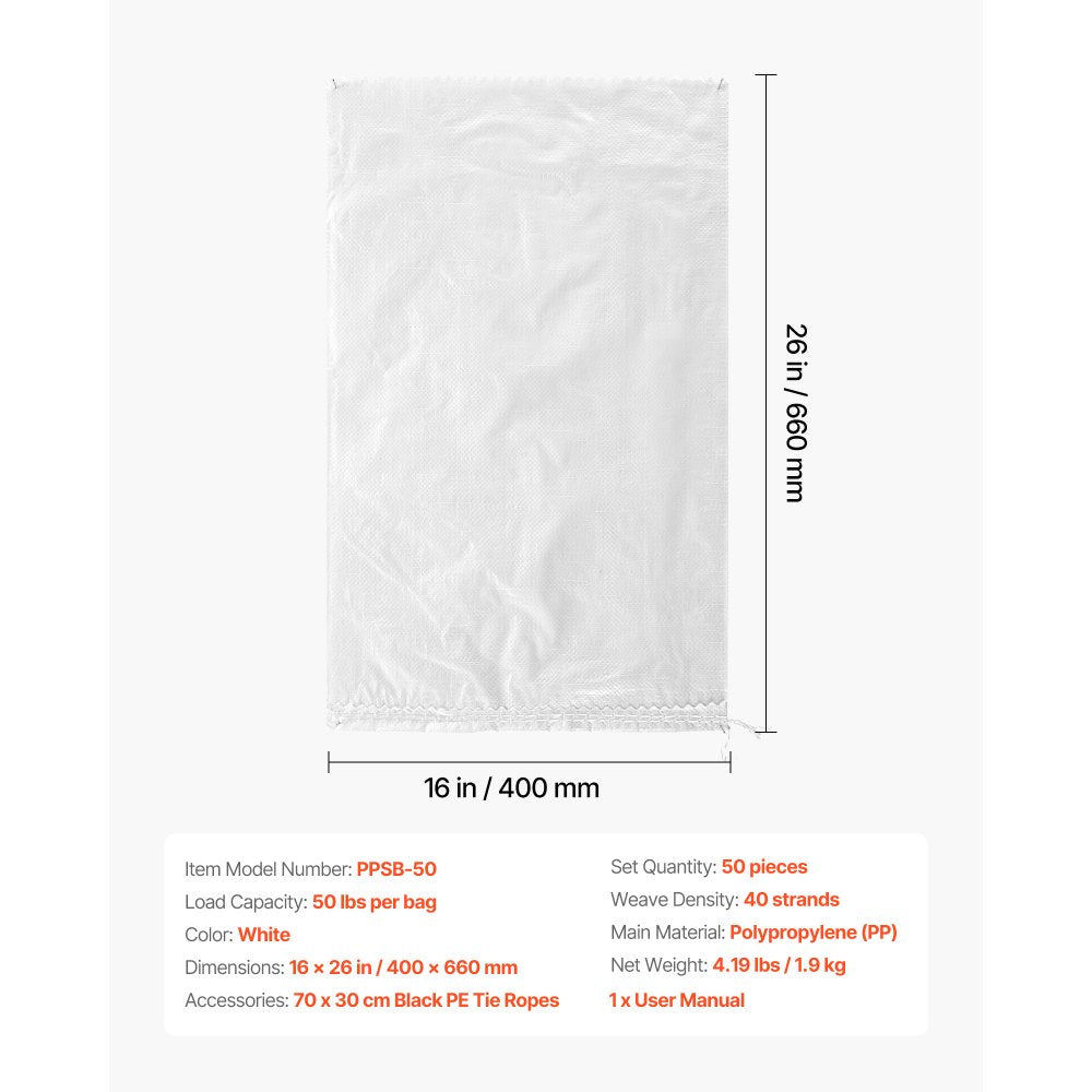 VEVOR Heavy Duty Sand Bags, 50Pack 16" x 26", Empty Sandbags for Flooding with Tie Strings, Woven Polypropylene Sand Bag with 1600 Hours of UV Protection, 50Lbs Capacity