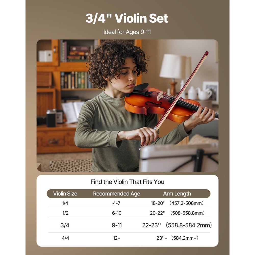 VEVOR Violin 3/4 Size for Adults, Violin Fiddle Set for Beginners with Hard Case, Rosin, Bow, Shoulder Rest, Bridge, Tuner and Extra Strings, Professional Musical Instruments for Student (Brown)