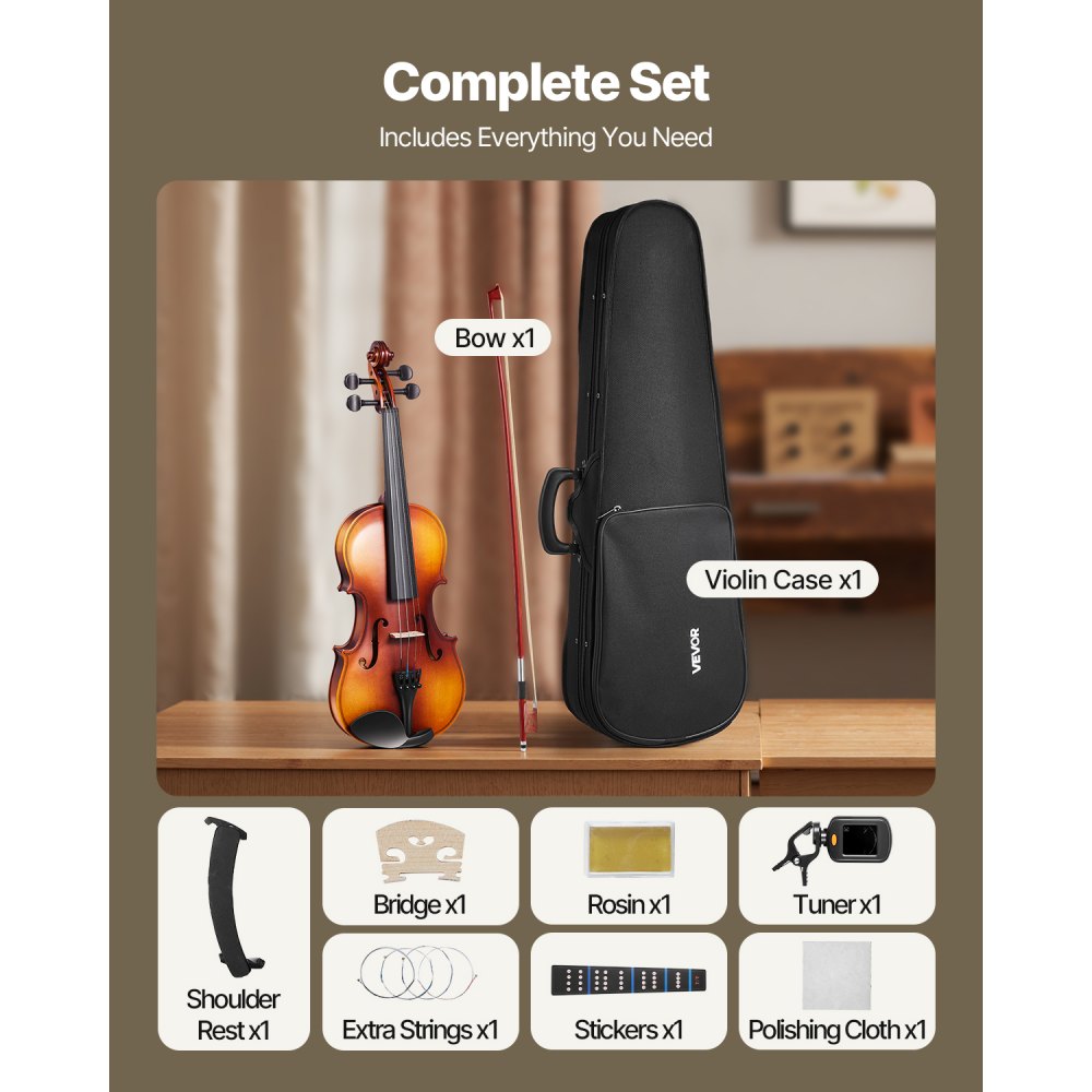 VEVOR Violin 4/4 Full Size for Adults, Violin Fiddle Set for Beginners with Hard Case, Rosin, Bow, Shoulder Rest, Bridge, Tuner and Extra Strings, Professional Musical Instruments for Student (Brown)
