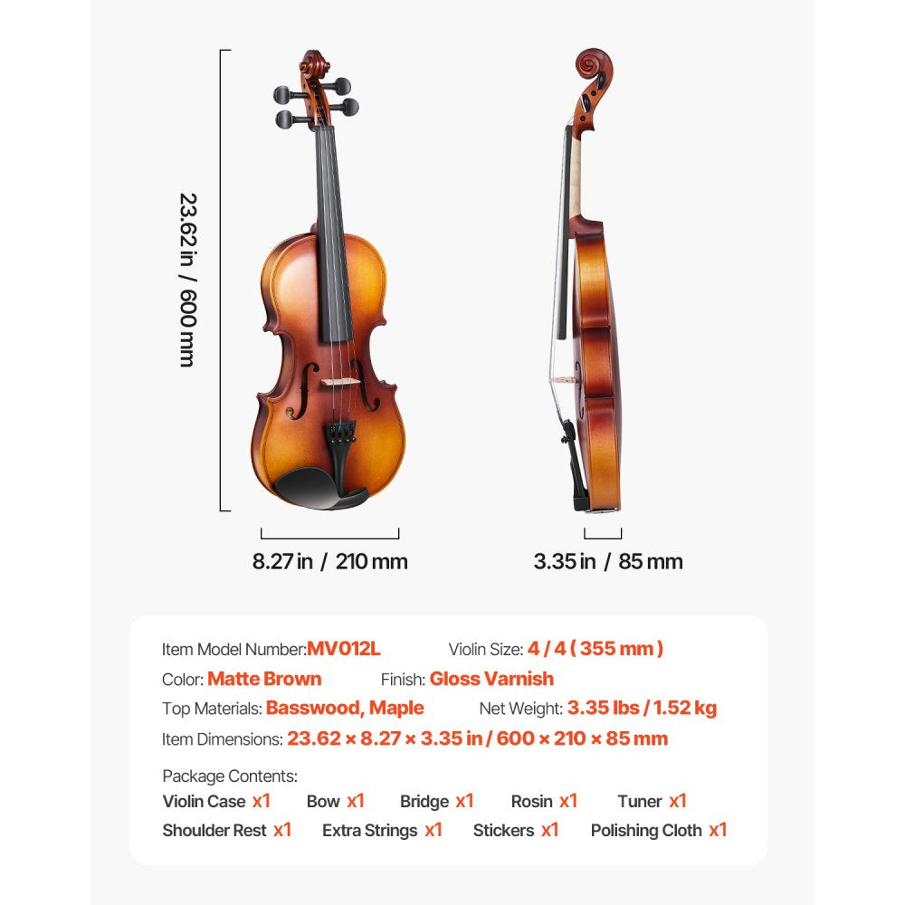 VEVOR Violin 4/4 Full Size for Adults, Violin Fiddle Set for Beginners with Hard Case, Rosin, Bow, Shoulder Rest, Bridge, Tuner and Extra Strings, Professional Musical Instruments for Student (Brown)