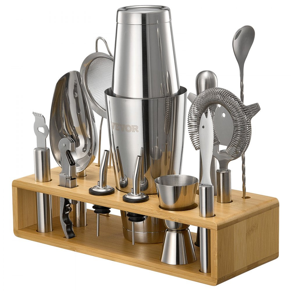 VEVOR Cocktail Shaker Set, 13-Piece Stainless Steel Bar Tools with Bamboo Stand, Boston Bartender Kit Accessories | Mixer Spoon, Muddler, Jigger, Strainer, Liquor Pourers, Ice Scoop, Lemon Zester