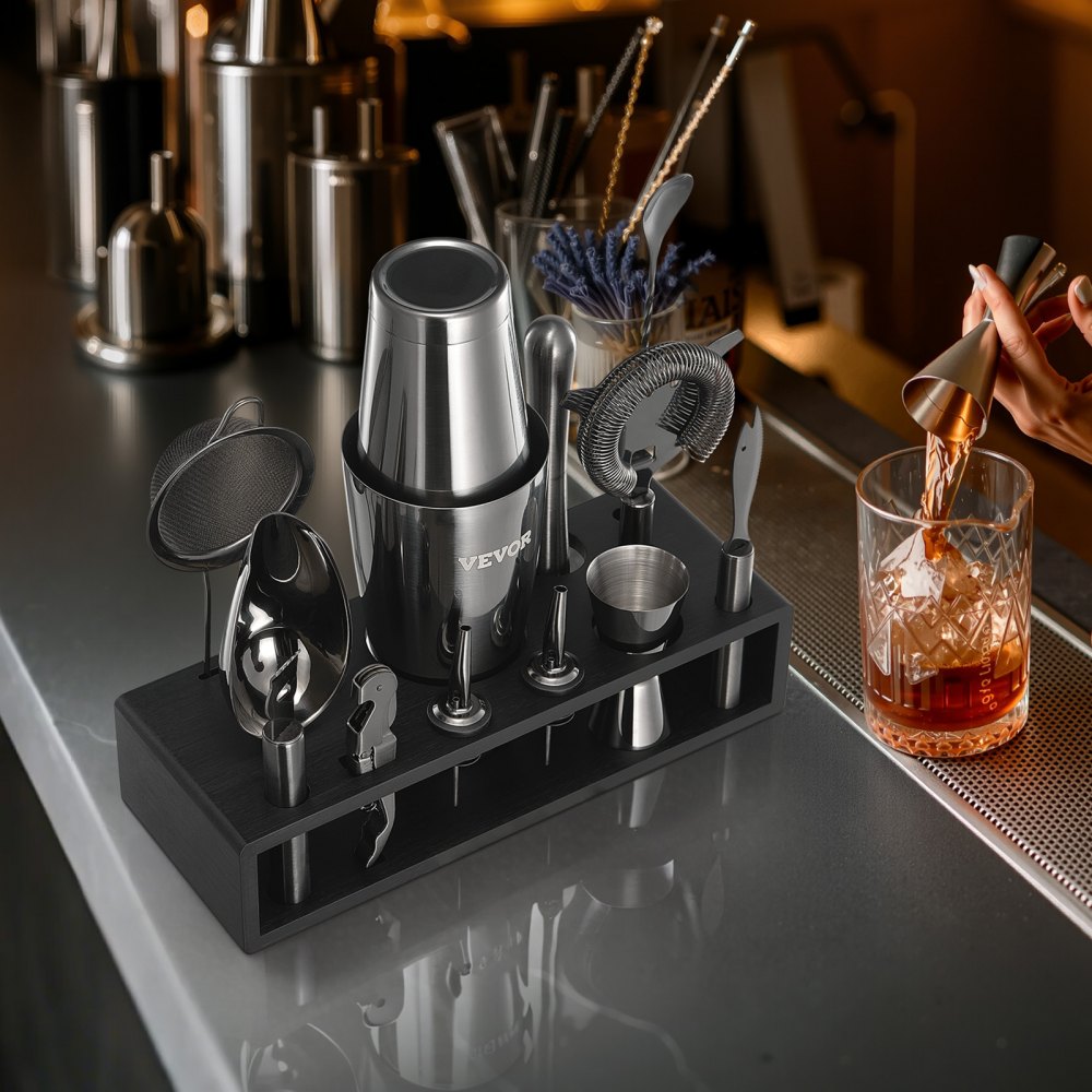 VEVOR Cocktail Shaker Set, 13-Piece Stainless Steel Bar Tools with Bamboo Stand, Boston Bartender Kit | Mixer Spoon, Muddler, Jigger, Strainer, Liquor Pourers, Ice Scoop, Lemon Zester, Gunmetal