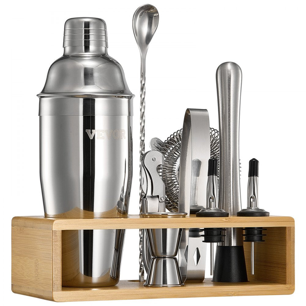 VEVOR Cocktail Shaker Set, 10-Piece Stainless Steel Bar Tools with Bamboo Stand, Martini Bartender Kit Accessories | Mixer Spoon, Muddler, Jigger, Strainer, Liquor Pourers, Ice Tong, Corkscrew, Silver