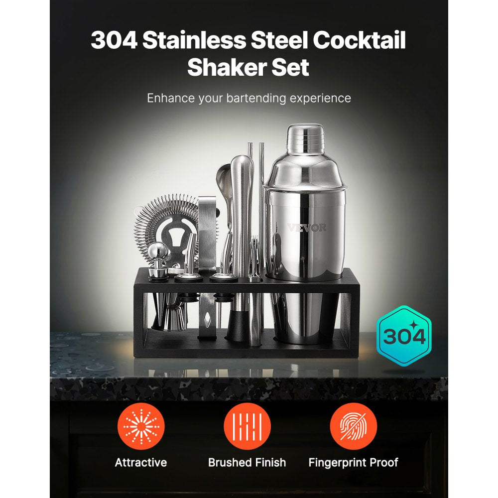 VEVOR Cocktail Shaker Set, 13-Piece Stainless Steel Bar Tools with Bamboo Stand, Martini Bartender Kit Accessories | Mixer Spoon, Muddler, Jigger, Strainer, Liquor Pourers, Ice Tong, Corkscrew, Silver