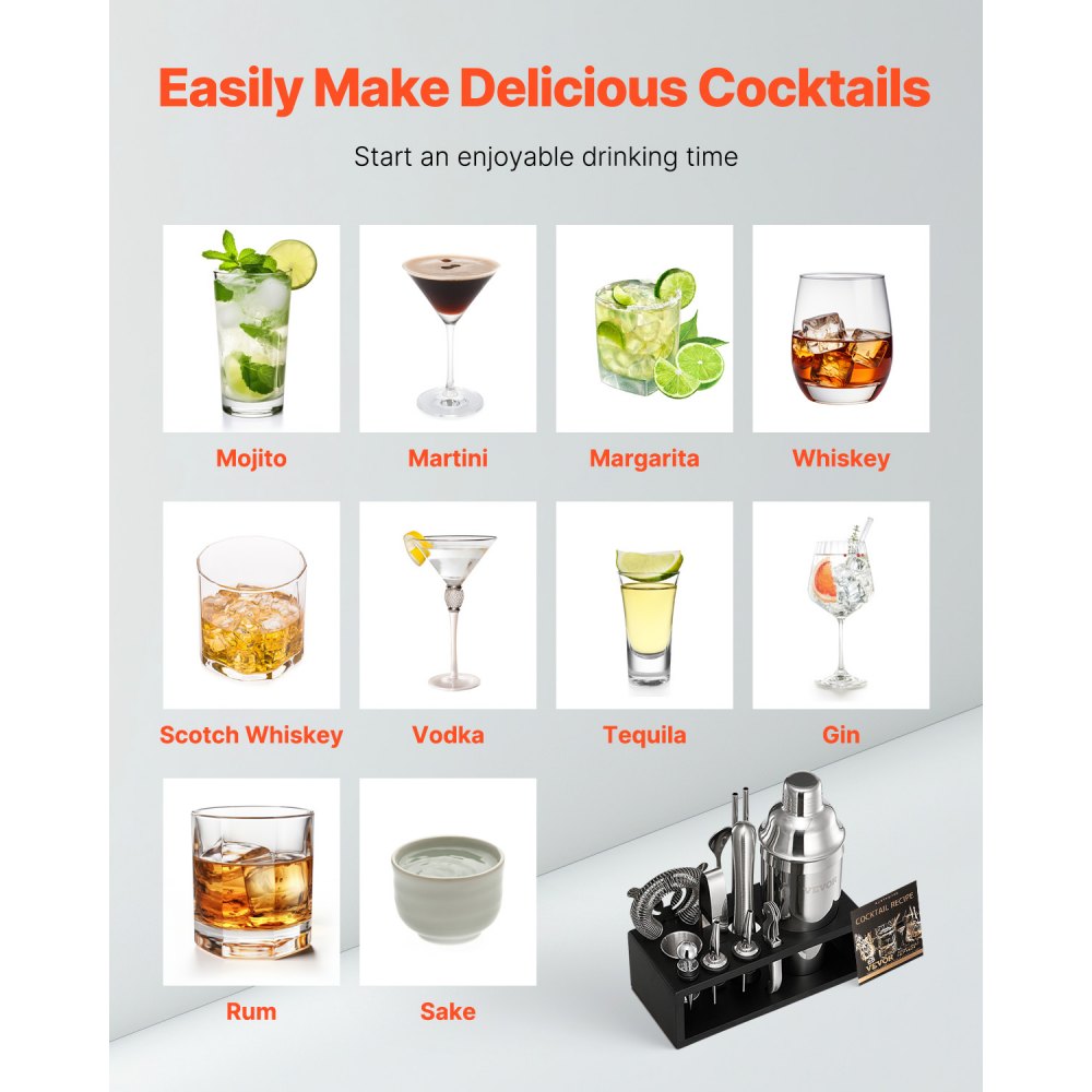 VEVOR Cocktail Shaker Set, 13-Piece Stainless Steel Bar Tools with Bamboo Stand, Martini Bartender Kit Accessories | Mixer Spoon, Muddler, Jigger, Strainer, Liquor Pourers, Ice Tong, Corkscrew, Silver