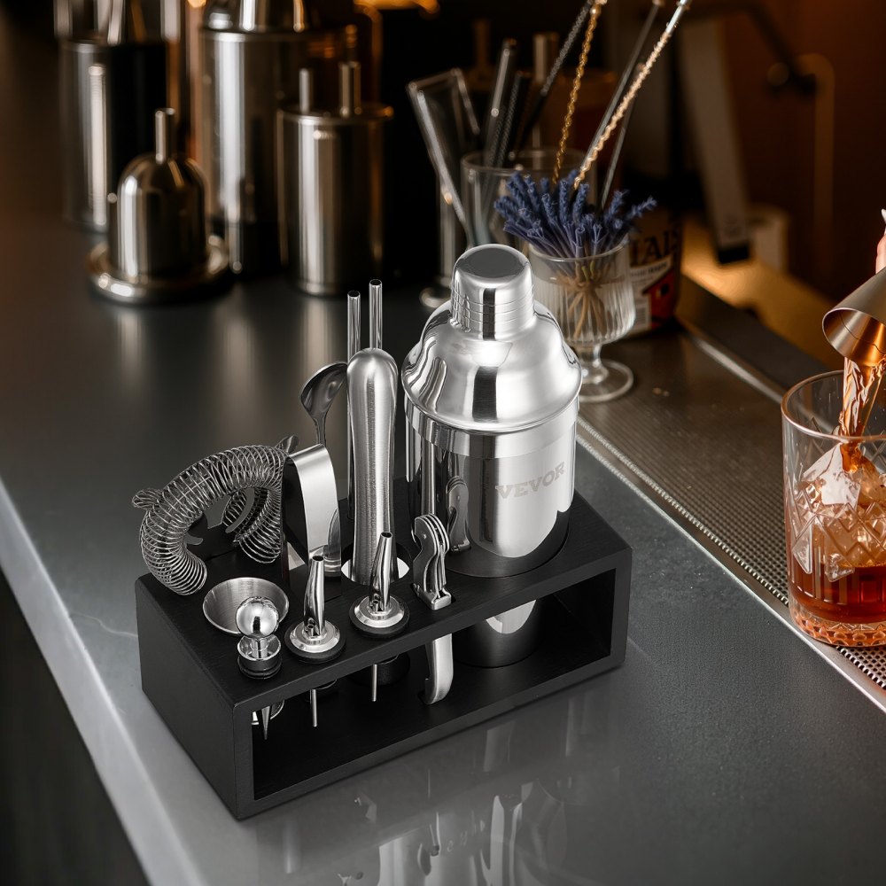 VEVOR Cocktail Shaker Set, 13-Piece Stainless Steel Bar Tools with Bamboo Stand, Martini Bartender Kit Accessories | Mixer Spoon, Muddler, Jigger, Strainer, Liquor Pourers, Ice Tong, Corkscrew, Silver