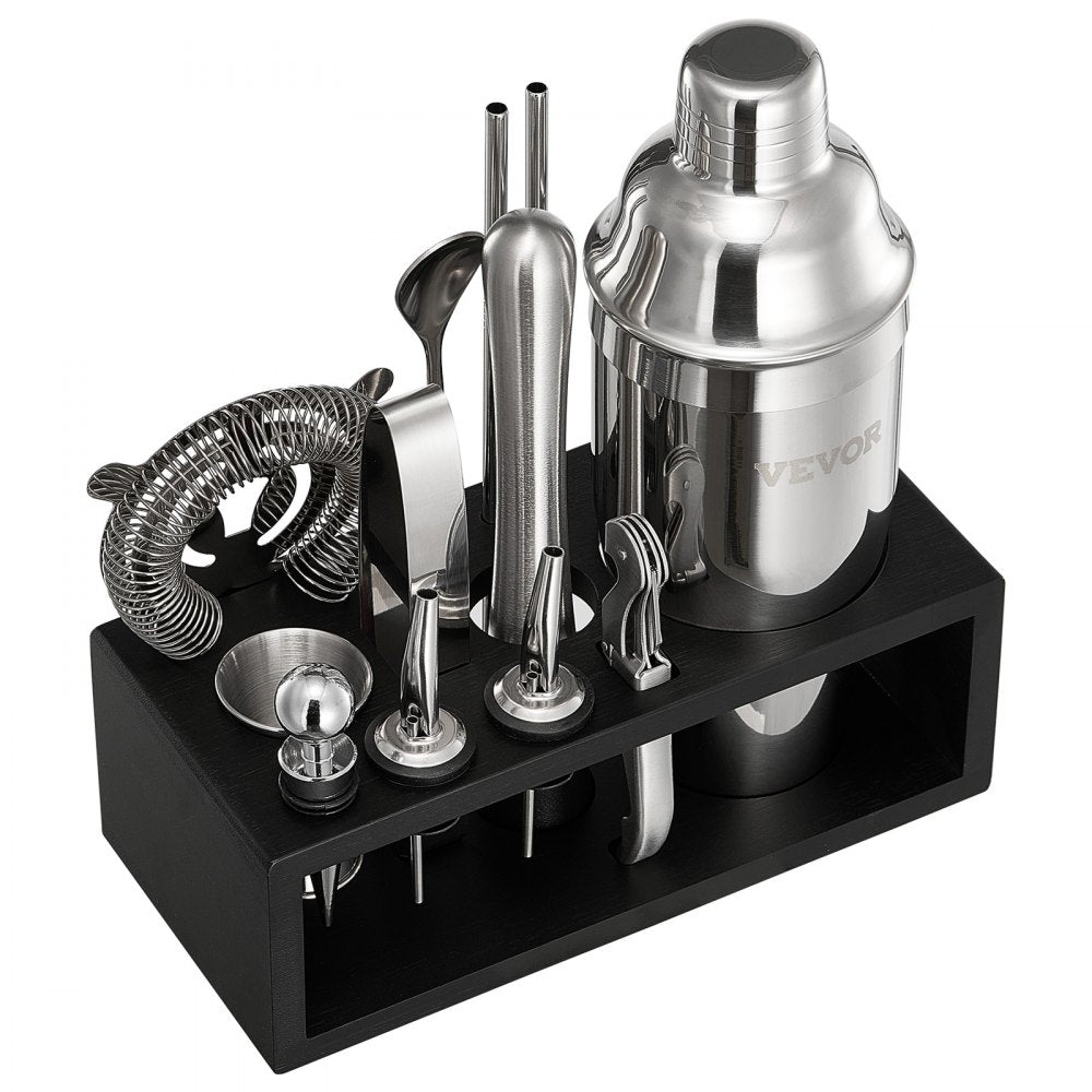VEVOR Cocktail Shaker Set, 13-Piece Stainless Steel Bar Tools with Bamboo Stand, Martini Bartender Kit Accessories | Mixer Spoon, Muddler, Jigger, Strainer, Liquor Pourers, Ice Tong, Corkscrew, Silver