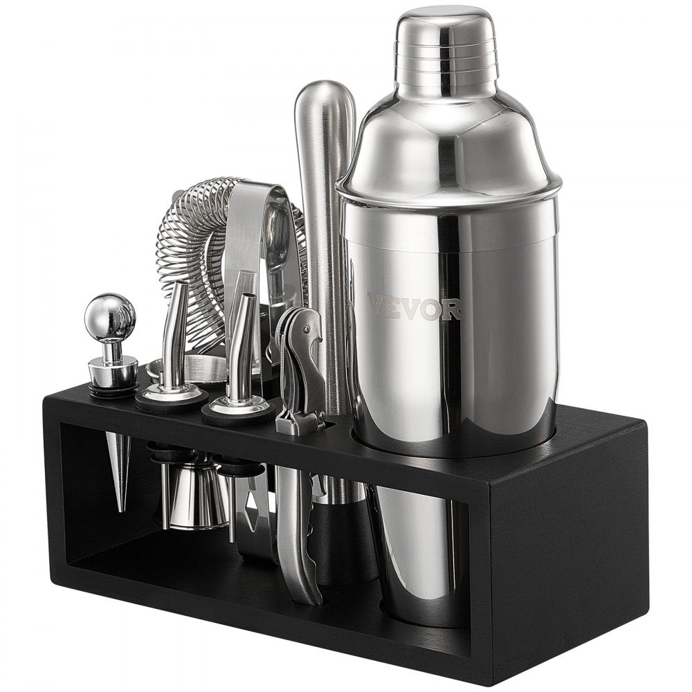 VEVOR Cocktail Shaker Set, 13-Piece Stainless Steel Bar Tools with Bamboo Stand, Martini Bartender Kit Accessories | Mixer Spoon, Muddler, Jigger, Strainer, Liquor Pourers, Ice Tong, Corkscrew, Silver