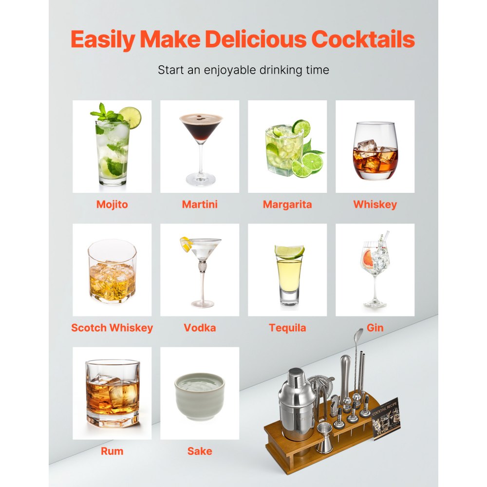 VEVOR Cocktail Shaker Set, 18-Piece Stainless Steel Bar Tools with Bamboo Stand, Martini Bartender Kit Accessories | Mixer Spoon, Muddler, Jigger, Strainer, Liquor Pourers, Ice Tong, Corkscrew, Silver