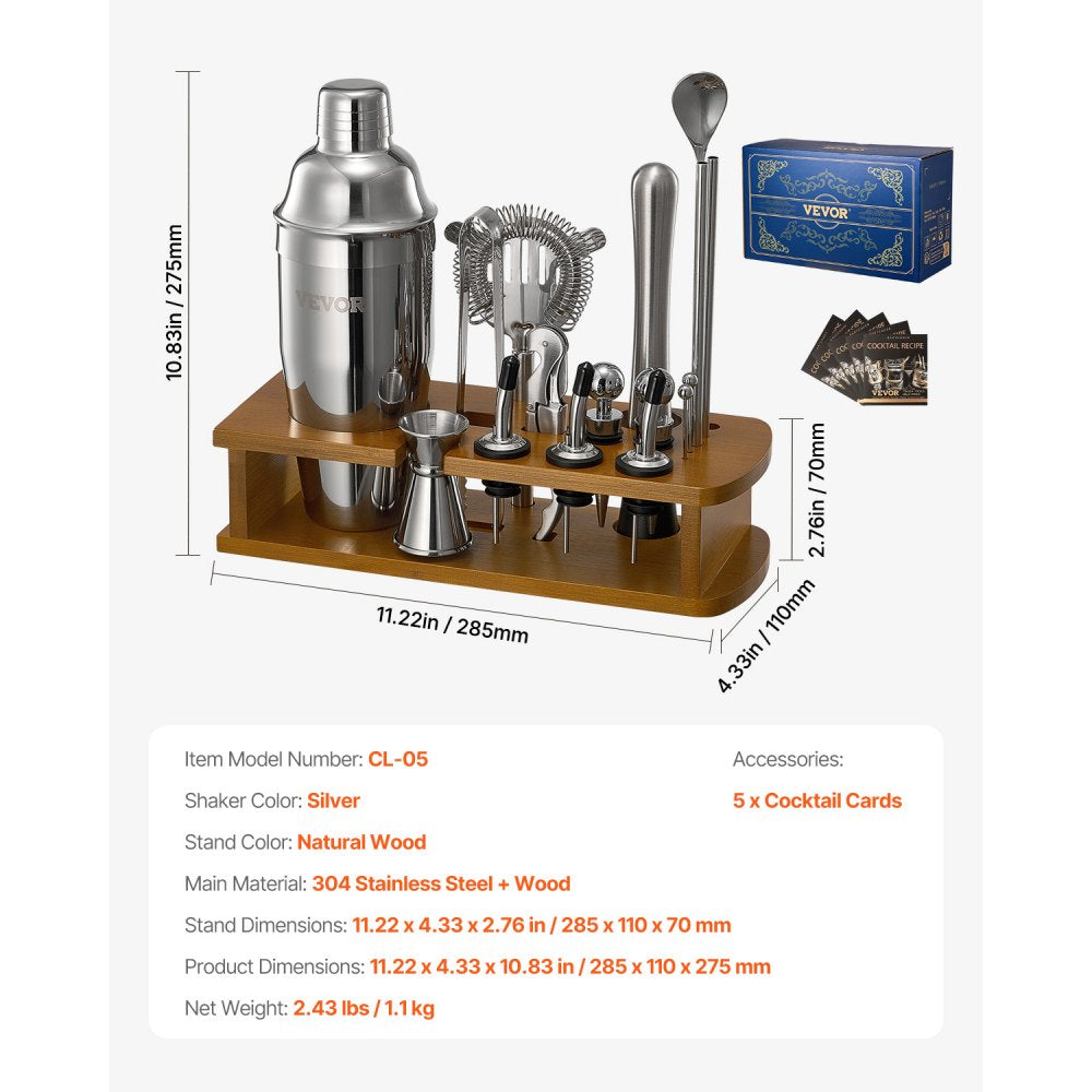 VEVOR Cocktail Shaker Set, 18-Piece Stainless Steel Bar Tools with Bamboo Stand, Martini Bartender Kit Accessories | Mixer Spoon, Muddler, Jigger, Strainer, Liquor Pourers, Ice Tong, Corkscrew, Silver