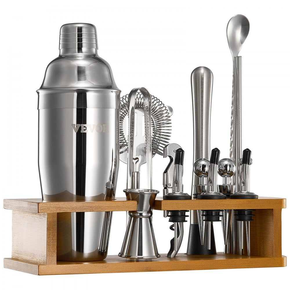 VEVOR Cocktail Shaker Set, 18-Piece Stainless Steel Bar Tools with Bamboo Stand, Martini Bartender Kit Accessories | Mixer Spoon, Muddler, Jigger, Strainer, Liquor Pourers, Ice Tong, Corkscrew, Silver
