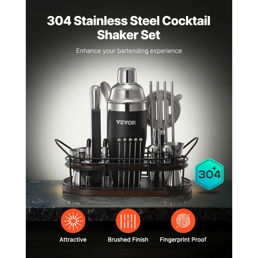 VEVOR Cocktail Shaker Set, 23-Piece Stainless Steel Bar Tools with Bamboo Stand, Martini Bartender Kit Accessories | Mixer Spoon, Muddler, Jiggers, Strainer, Liquor Pourers, Ice Tong, Corkscrew
