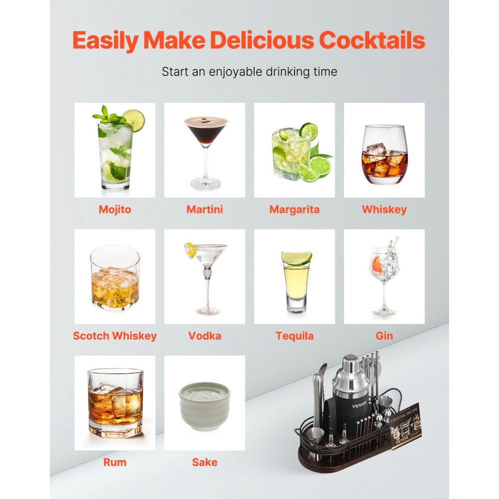 VEVOR Cocktail Shaker Set, 23-Piece Stainless Steel Bar Tools with Bamboo Stand, Martini Bartender Kit Accessories | Mixer Spoon, Muddler, Jiggers, Strainer, Liquor Pourers, Ice Tong, Corkscrew