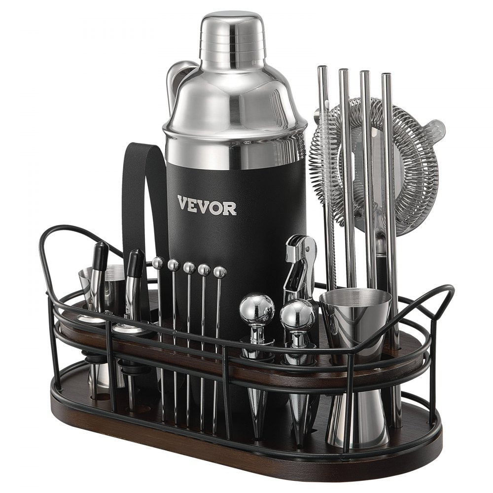 VEVOR Cocktail Shaker Set, 23-Piece Stainless Steel Bar Tools with Bamboo Stand, Martini Bartender Kit Accessories | Mixer Spoon, Muddler, Jiggers, Strainer, Liquor Pourers, Ice Tong, Corkscrew
