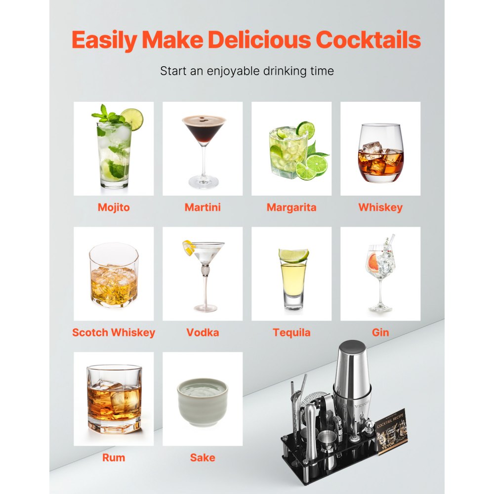 VEVOR Cocktail Shaker Set, 14-Piece Stainless Steel Bar Tools with Acrylic Stand, Boston Bartender Kit Accessories | Mixer Spoon, Muddler, Jiggers, Strainer, Liquor Pourer, Ice Tong, Corkscrew, Silver