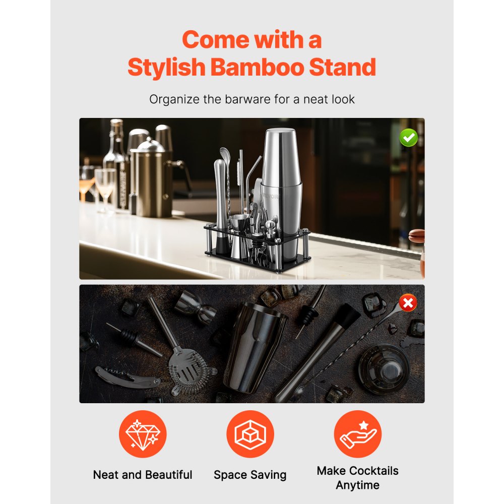 VEVOR Cocktail Shaker Set, 14-Piece Stainless Steel Bar Tools with Acrylic Stand, Boston Bartender Kit Accessories | Mixer Spoon, Muddler, Jiggers, Strainer, Liquor Pourer, Ice Tong, Corkscrew, Silver