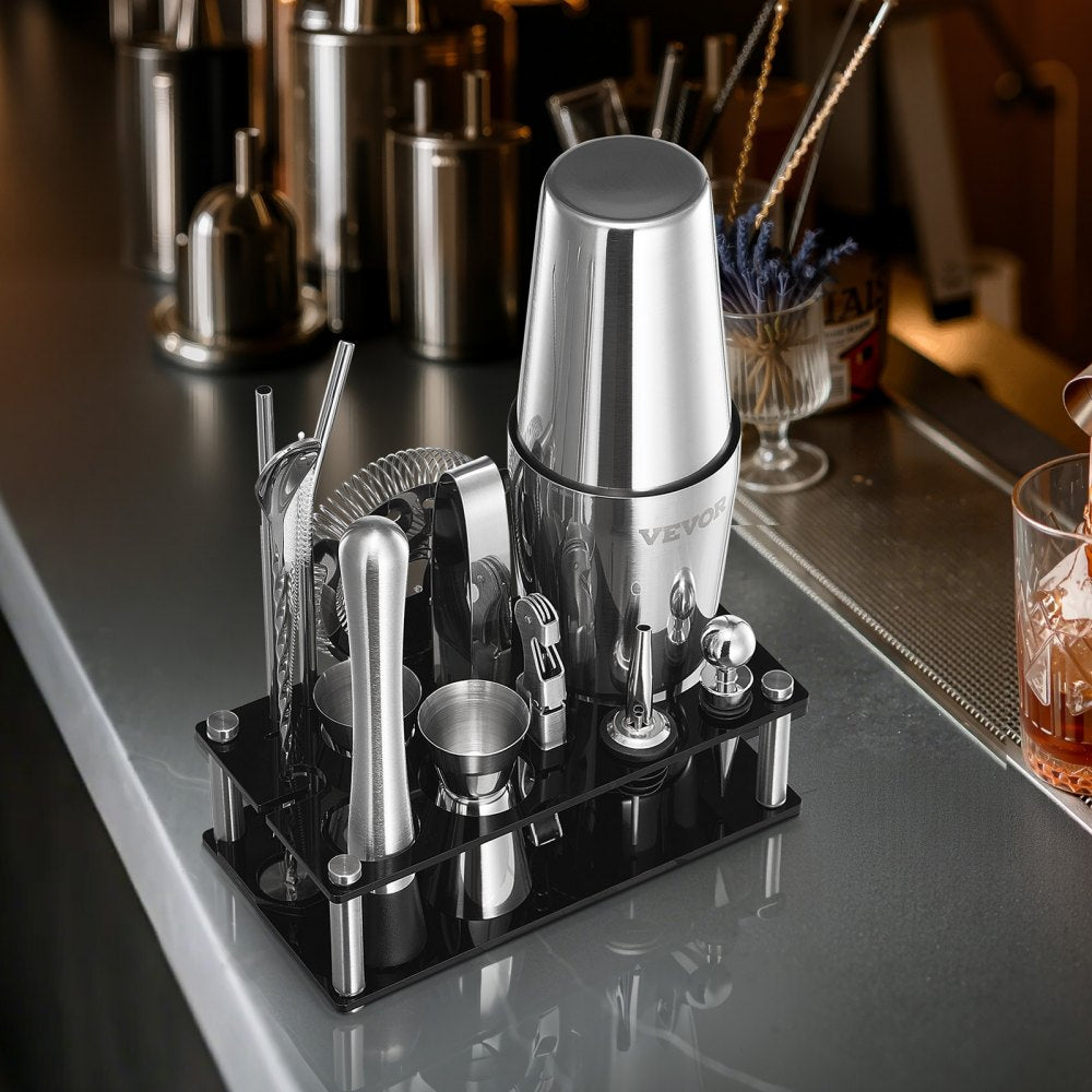 VEVOR Cocktail Shaker Set, 14-Piece Stainless Steel Bar Tools with Acrylic Stand, Boston Bartender Kit Accessories | Mixer Spoon, Muddler, Jiggers, Strainer, Liquor Pourer, Ice Tong, Corkscrew, Silver