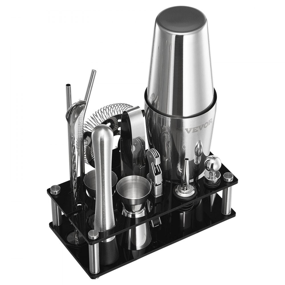 VEVOR Cocktail Shaker Set, 14-Piece Stainless Steel Bar Tools with Acrylic Stand, Boston Bartender Kit Accessories | Mixer Spoon, Muddler, Jiggers, Strainer, Liquor Pourer, Ice Tong, Corkscrew, Silver