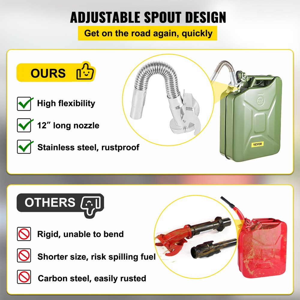 VEVOR Jerry Fuel Can, 5.3 Gallon / 20 L Portable Jerry Gas Can with Flexible Spout System, Rustproof ＆ Heat-resistant Steel Fuel Tank for Cars Trucks Equipment, 2PCS Green