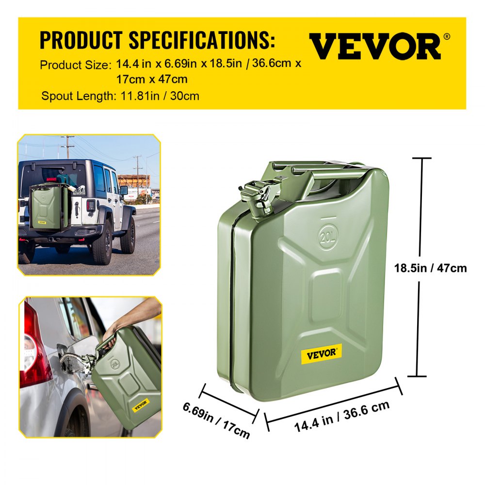 VEVOR Jerry Fuel Can, 5.3 Gallon / 20 L Portable Jerry Gas Can with Flexible Spout System, Rustproof ＆ Heat-resistant Steel Fuel Tank for Cars Trucks Equipment, 2PCS Green