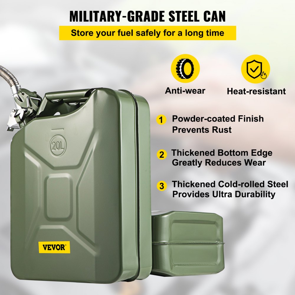 VEVOR Jerry Fuel Can, 5.3 Gallon / 20 L Portable Jerry Gas Can with Flexible Spout System, Rustproof ＆ Heat-resistant Steel Fuel Tank for Cars Trucks Equipment, Green