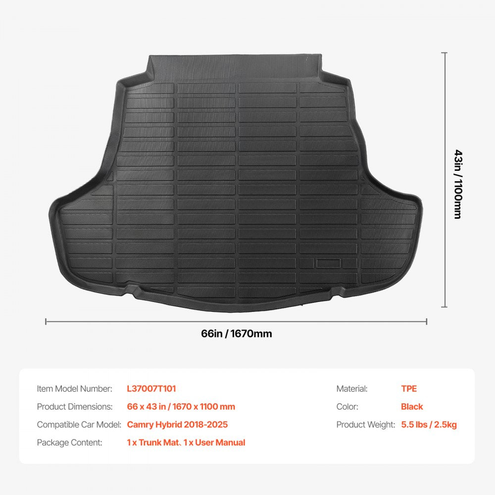 VEVOR Cargo Mat Compatible with Toyota Camry Hybrid 2018-2025, Precise Fit Odorless Durable Trunk Mat, TPE Trunk Protector Replacement, Black (1PCS)