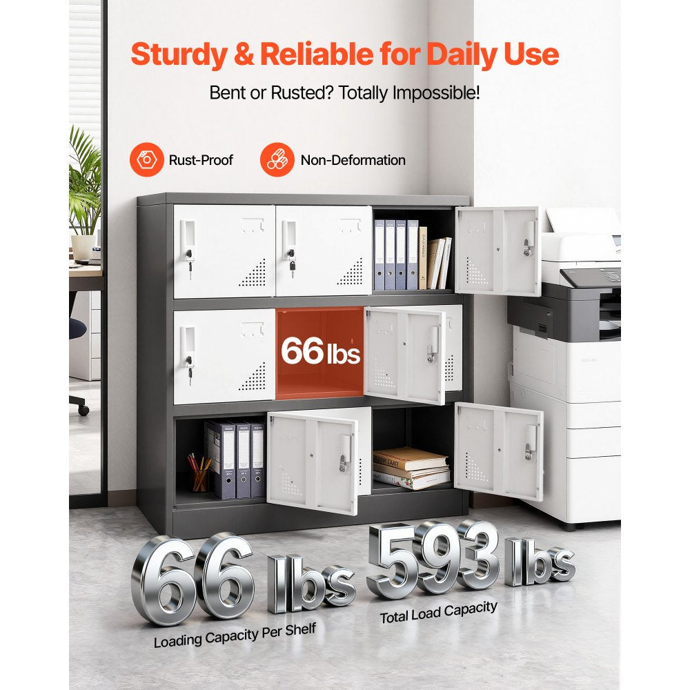 VEVOR 9 Doors Metal Locker Lockable Steel Storage Cabinet 66 lbs Load Gray, for Office School Gym, 2 Keys for Each Door, 3 Tiers Employee Lockers with Metal Hinges, Easy Assembly, 35.4 x 17.7 x 37 in