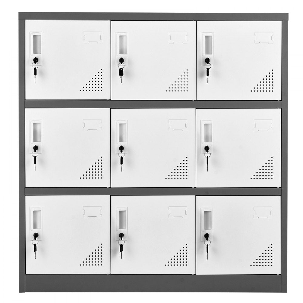 VEVOR 9 Doors Metal Locker Lockable Steel Storage Cabinet 66 lbs Load Gray, for Office School Gym, 2 Keys for Each Door, 3 Tiers Employee Lockers with Metal Hinges, Easy Assembly, 35.4 x 17.7 x 37 in