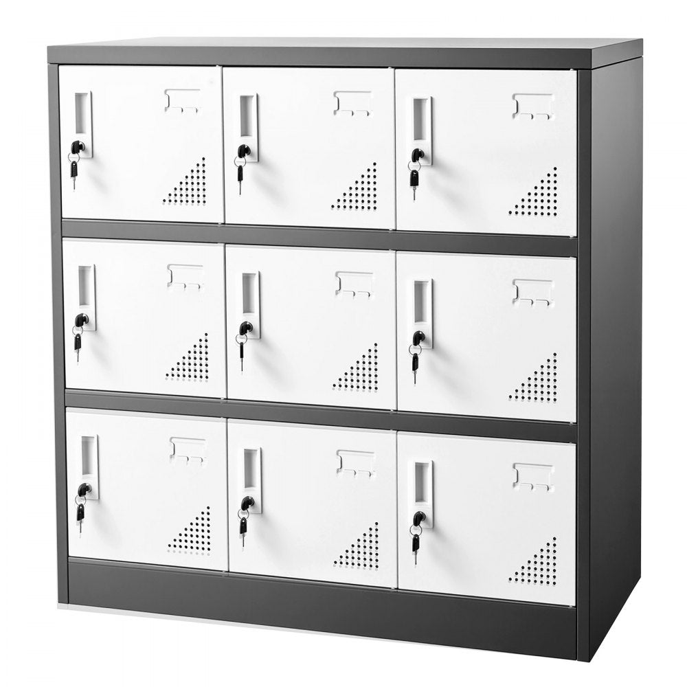 VEVOR 9 Doors Metal Locker Lockable Steel Storage Cabinet 66 lbs Load Gray, for Office School Gym, 2 Keys for Each Door, 3 Tiers Employee Lockers with Metal Hinges, Easy Assembly, 35.4 x 17.7 x 37 in