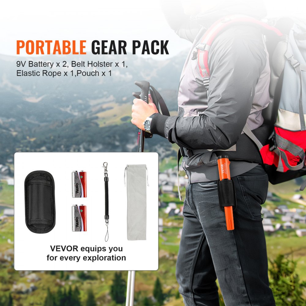 VEVOR Metal Detector Pinpointer, IP68 Fully Waterproof Handheld Pin Pointer Wand, 4.5" Detection Depth, 3 Modes, Professional Treasure Hunting Probe with Holster and 9V Battery, for Adults and Kids