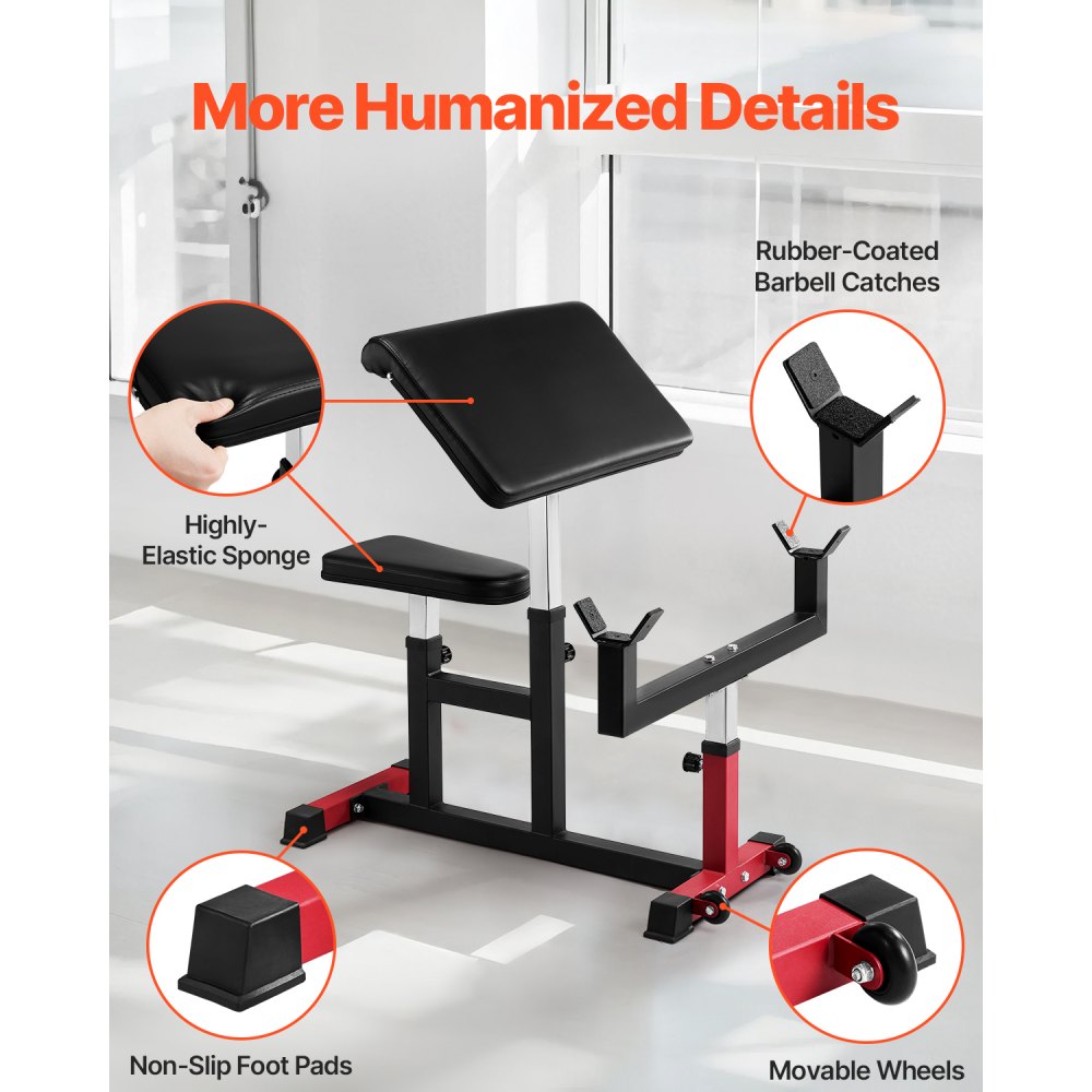 VEVOR Preacher Curl Bench, Strength Training Biceps Machine, Max load 440 LBS Home Gym Equipment, Seated Arm Isolated Barbell Dumbbell Bicep Station, Adjustable Weight Benches for Home Gym