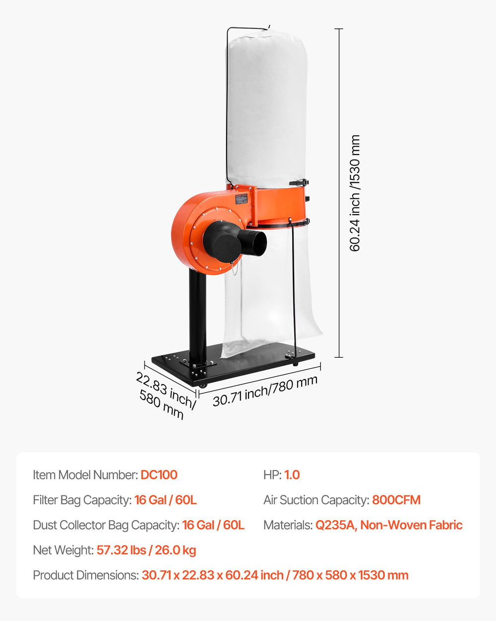 VEVOR Dust Collector, 800 CFM 2.5 Micron Vortex Cone Dust Collectors, 1HP Sawdust Collection System with 16-Gallon Large Capacity Dusts Collector Bag, Filter Bag, and Casters, 3400 RPM High Speed