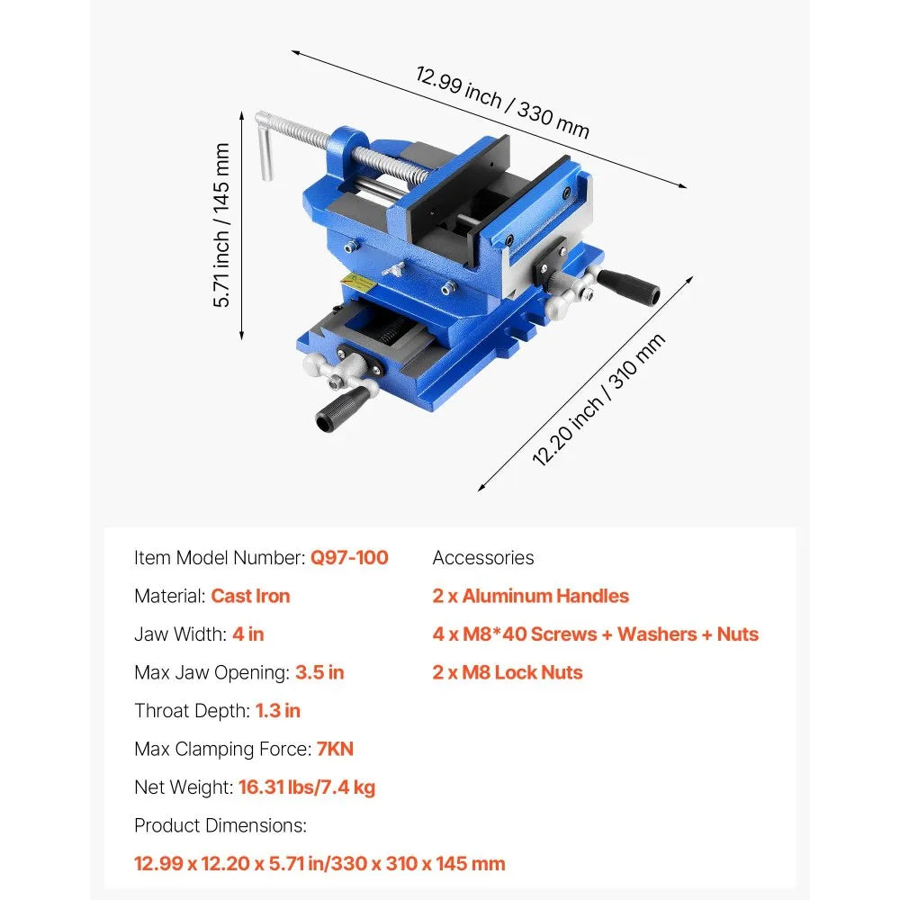 VEVOR Cross Slide Drill Press Vise, 4 Inch Jaw Width, 2 Way X-Y Axis Bench Vise, 3.5 Inch Max Jaw Opening, Heavy Duty Cast Iron, Workbench Vice Clamp, for Woodworking Drilling CNC Milling Machine
