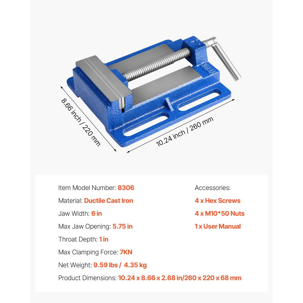 VEVOR Drill Press Vise, 6 Inch Jaw Width, Portable Bench Vise, Slotted Base for Easy Installation, Durable Cast Iron Construction, Workbench Vice, for Woodworking, Metalworking, Drilling, and Cutting