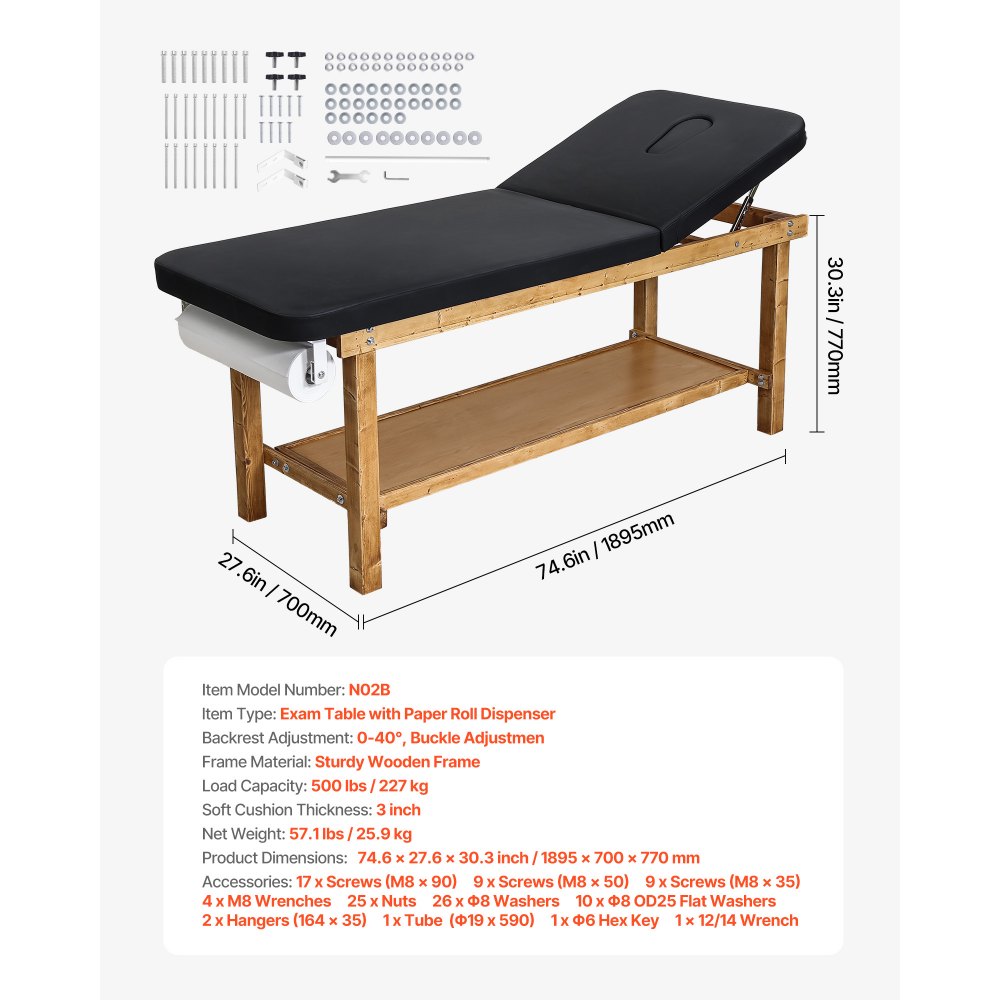 VEVOR Medical Exam Table, Wooden Framed Medical Examination Bed, Physical Therapy Exam Table with Adjustable Backrest, Storage Shelf & Paper Roll Dispenser for Hospitals Clinics Rehab Centers, 500LBS