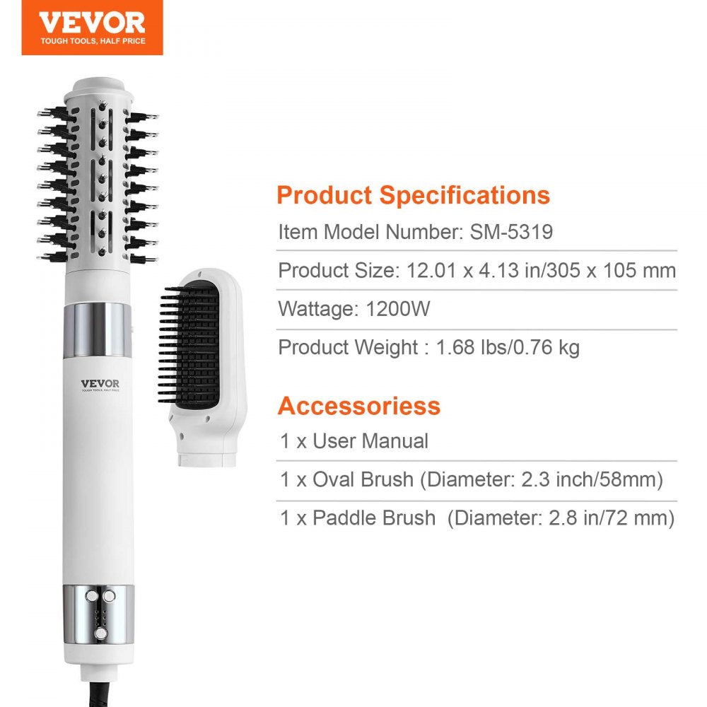 VEVOR Hair Dryer Styler, Ionic Hair Dryer Brush, 110,000RPM High-Speed Hot Air Styler with Brushless Motor, Oval & Paddle Brush, Blow Dryer Brush Styling Tool for Fast Drying Volumizing Straightening