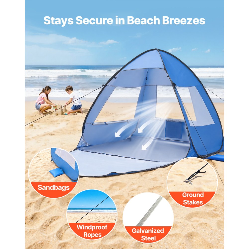 VEVOR Beach Tent Sun Shelter for 2 Person, UPF 50+ Protection, Portable Sun Shade Canopy with Carrying Bag & Sand Pockets, Lightweight and Easy Setup Beach Umbrella for Camping Fishing Outdoor Picnic