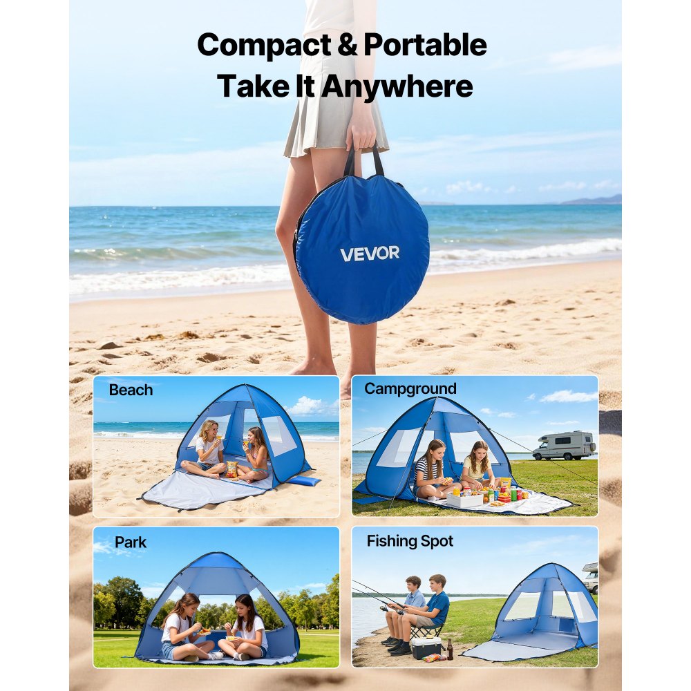 VEVOR Beach Tent Sun Shelter for 2 Person, UPF 50+ Protection, Portable Sun Shade Canopy with Carrying Bag & Sand Pockets, Lightweight and Easy Setup Beach Umbrella for Camping Fishing Outdoor Picnic