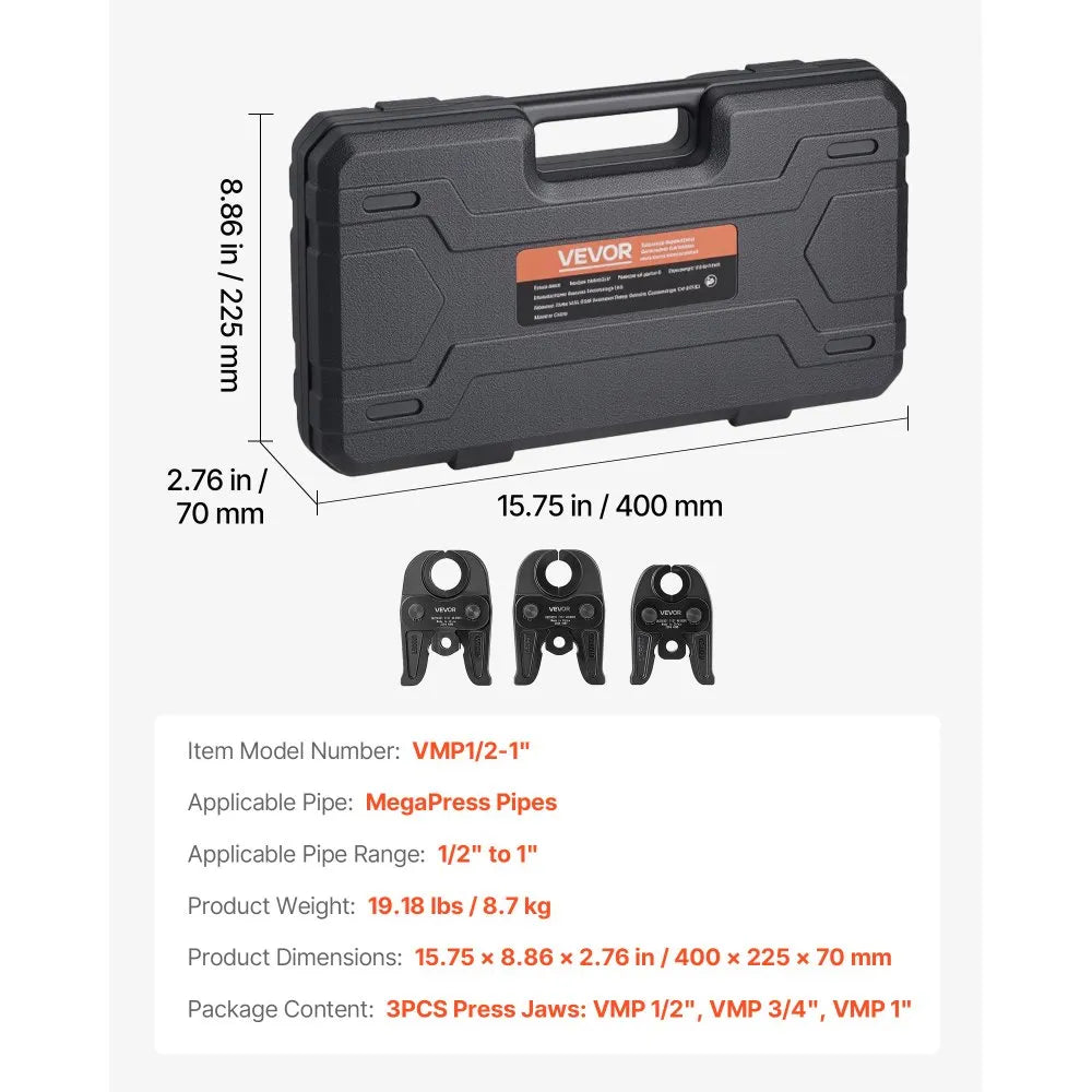 Dimensions and key specs infographic for VEVOR MegaPress jaws set