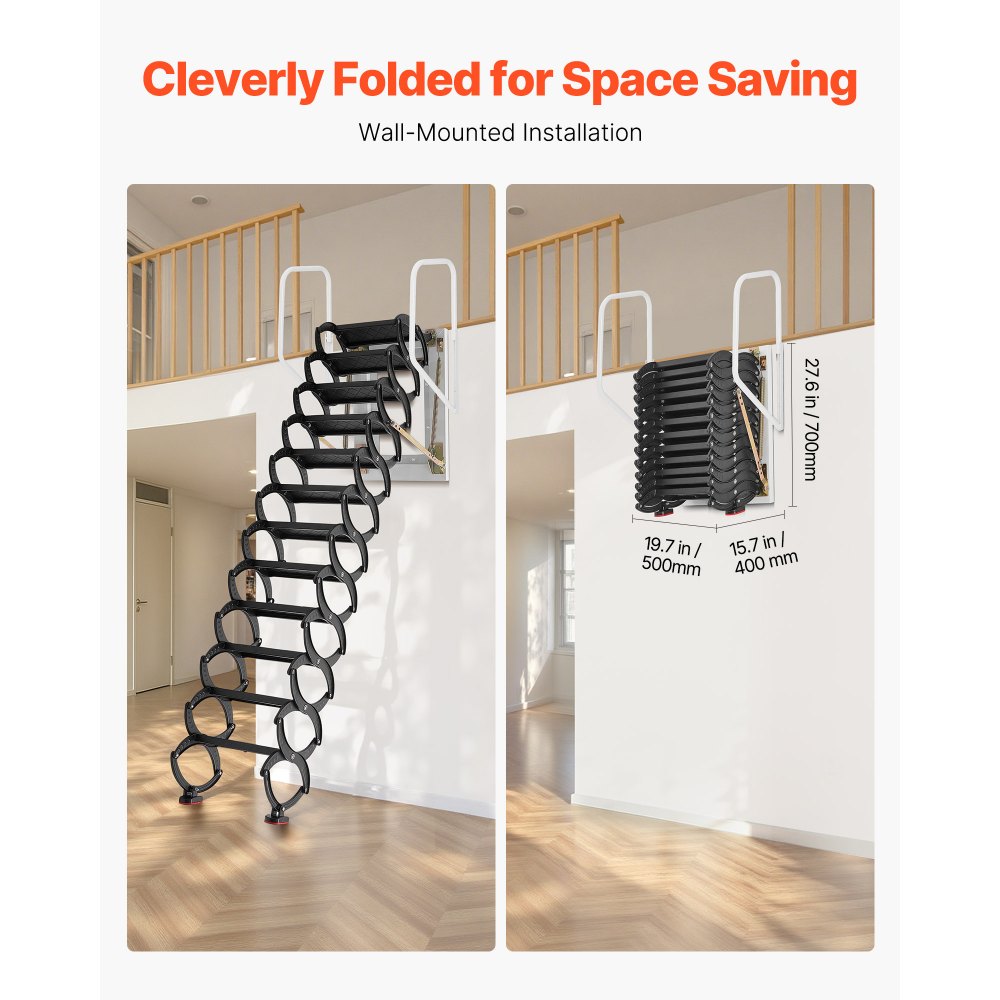 VEVOR space-saving wall-mounted attic ladder folded size illustration