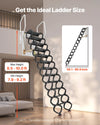 VEVOR wall-mounted attic ladder size/height range infographic (9.5–10.0 ft max height, 7.9–9.2 ft min height)