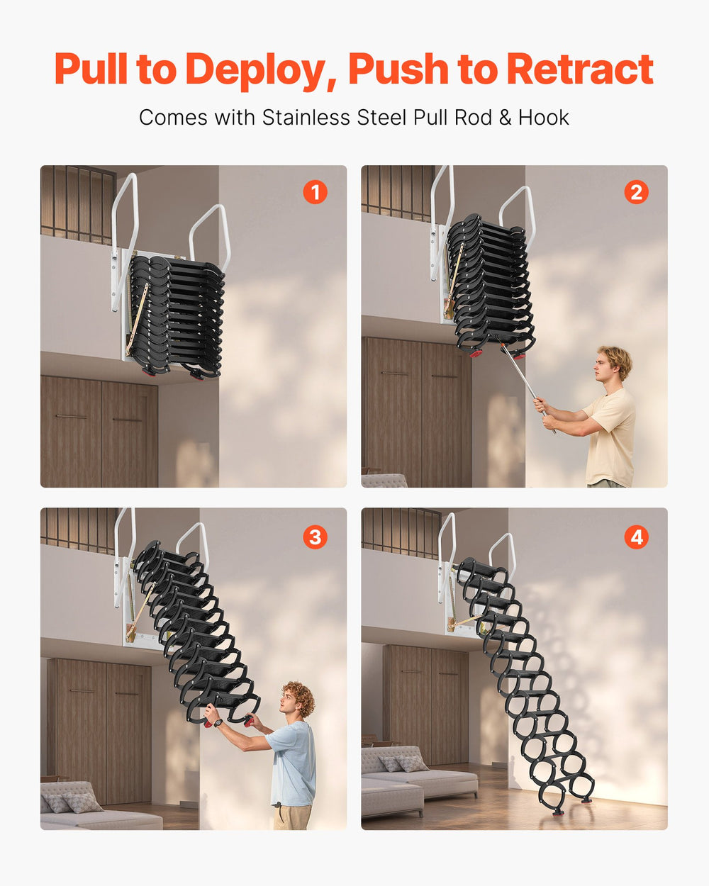 VEVOR pull-to-deploy and push-to-retract attic ladder operation steps (pull rod & hook)