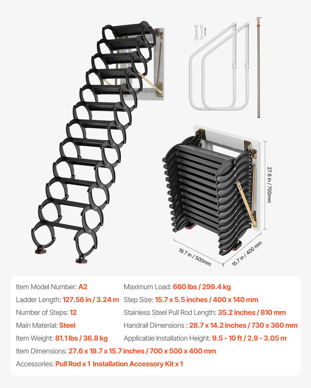 VEVOR attic ladder specification overview image (Model A2) with dimensions and included accessories